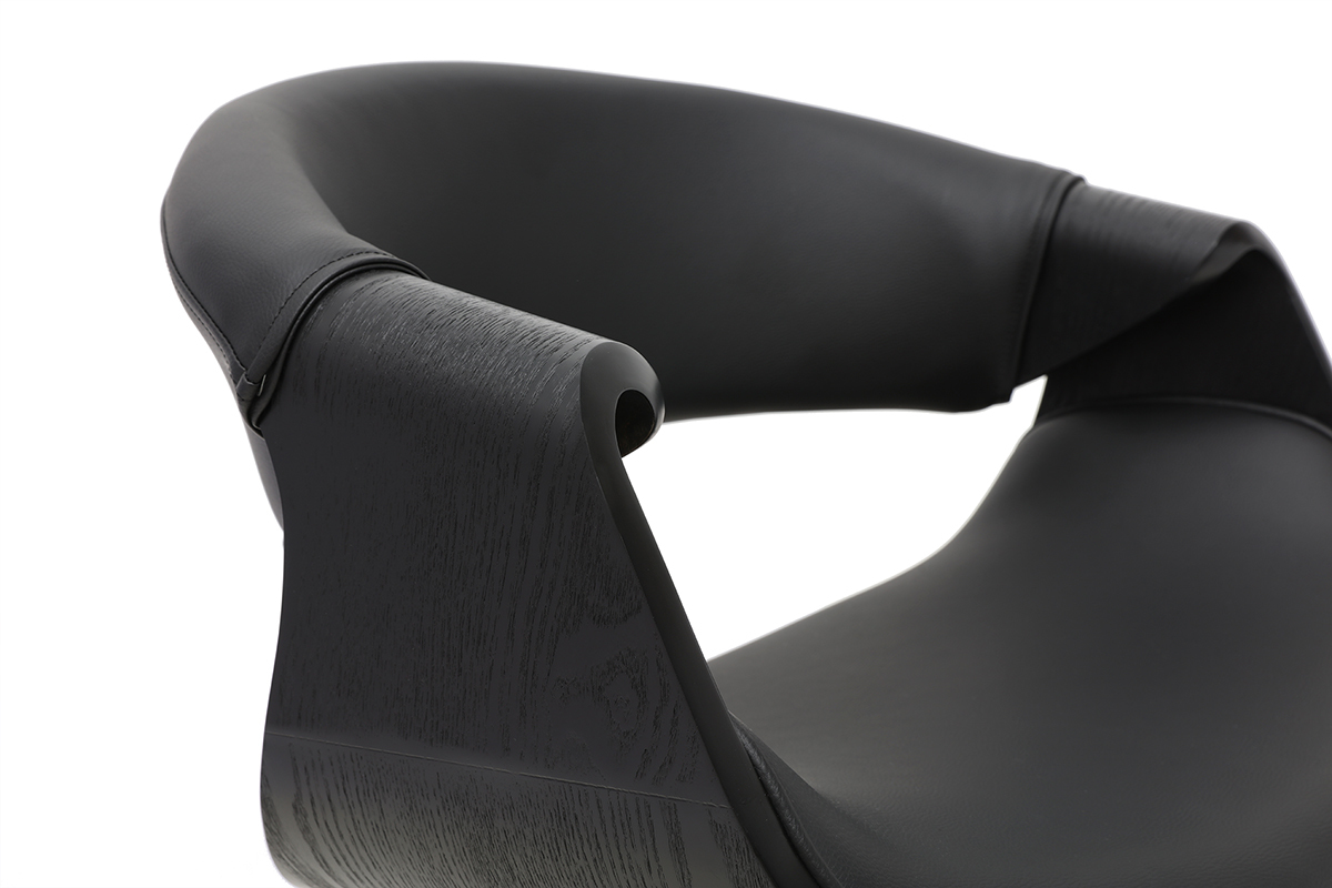 Schwarzer Design-Sessel ARAMIS mit Armlehnen, Detailansicht der Sitzfl�che und der schwarzen Holzverarbeitung.