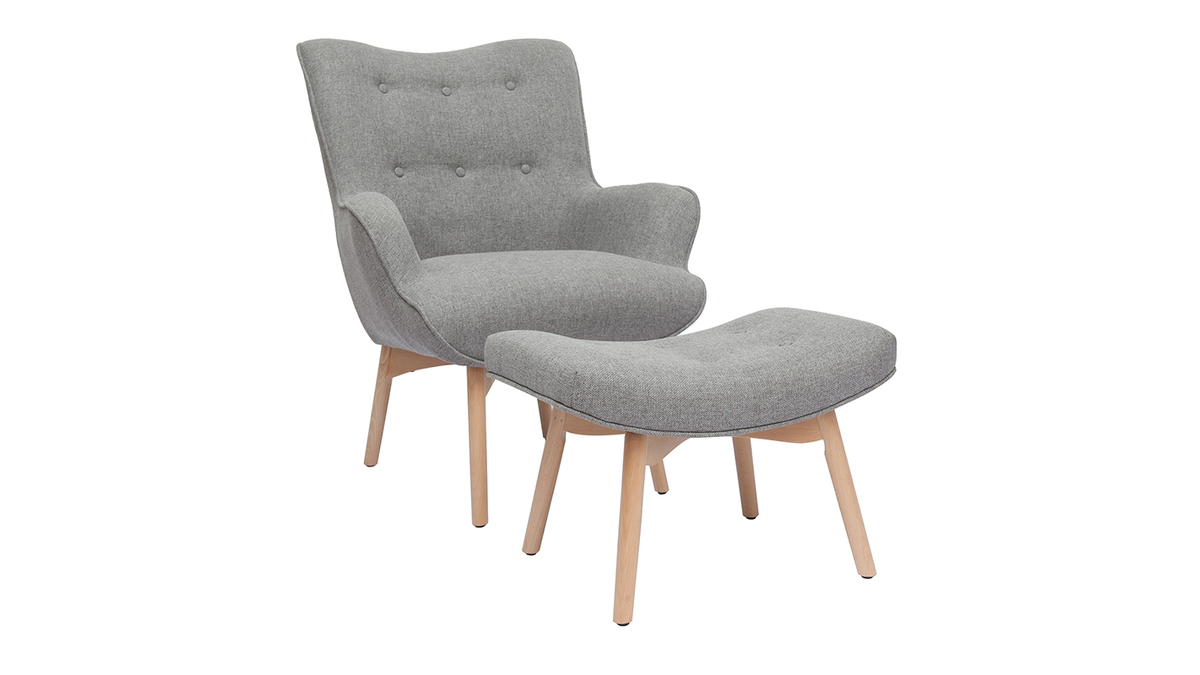 Design-Sessel skandinavisch und Fußablage Hellgrau und helles Holz BRISTOL