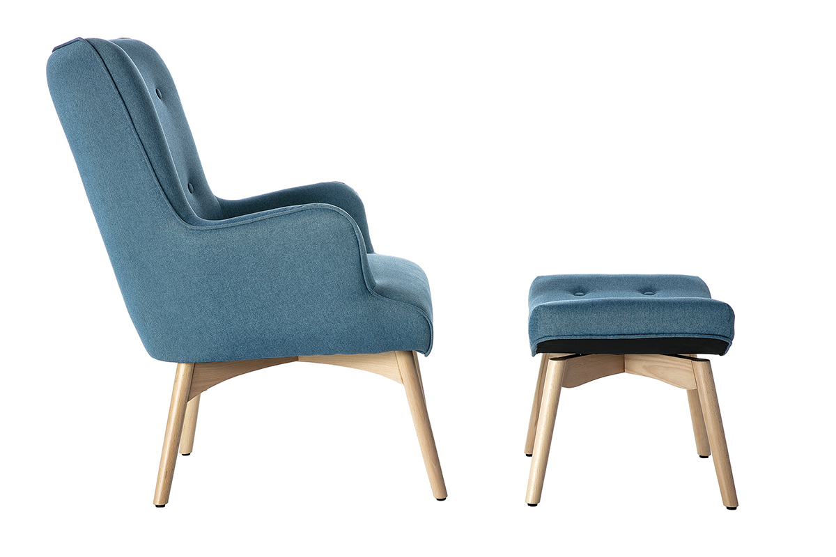 Design-Sessel skandinavisch und Fuablage Petrolblau und helles Holz BRISTOL