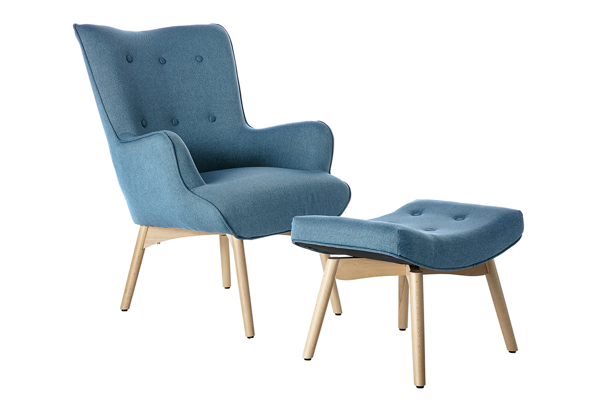 Design-Sessel skandinavisch und Fuablage Petrolblau und helles Holz BRISTOL