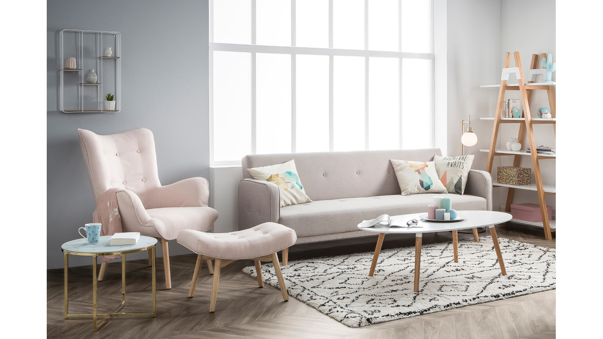 Design-Sessel skandinavisch und Fuablage Rosa und helles Holz BRISTOL