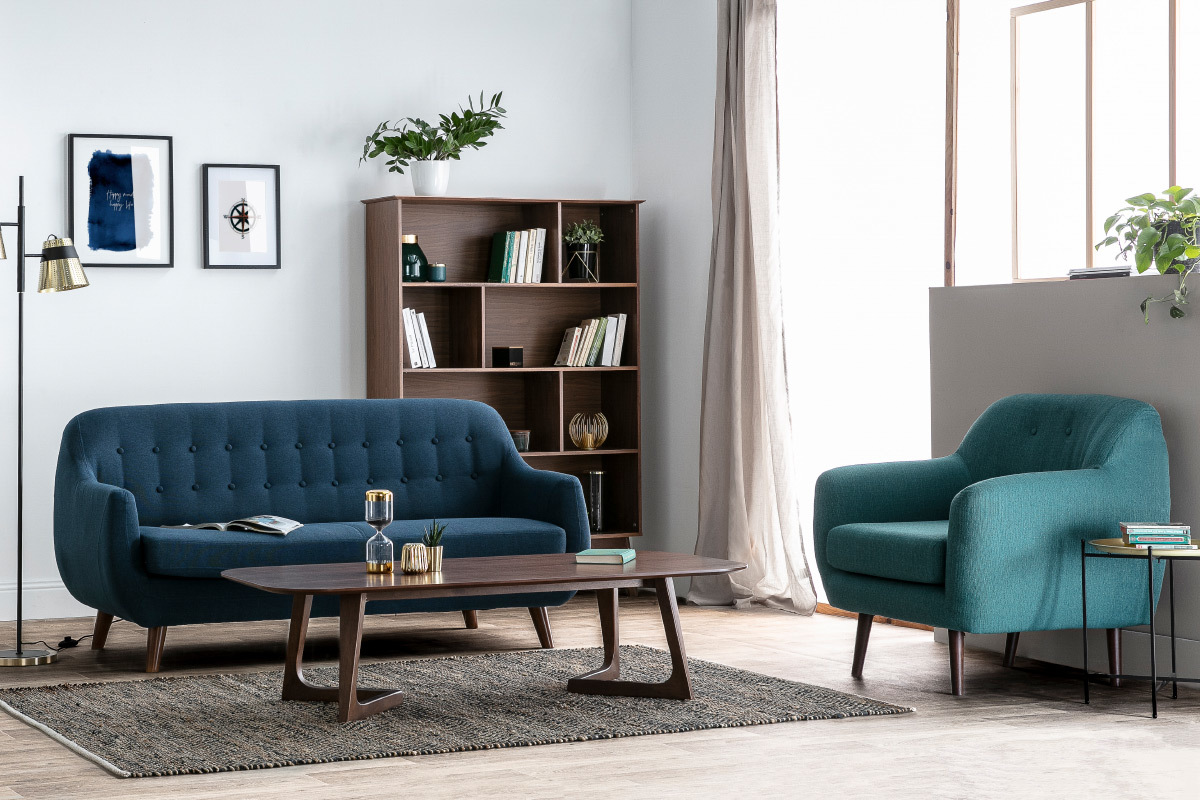 Design-Sessel Stoff Blaugrn Beine Nussbaum OLAF