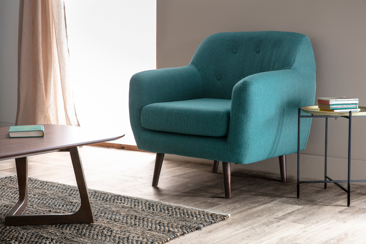 Design-Sessel Stoff Blaugrn Beine Nussbaum OLAF