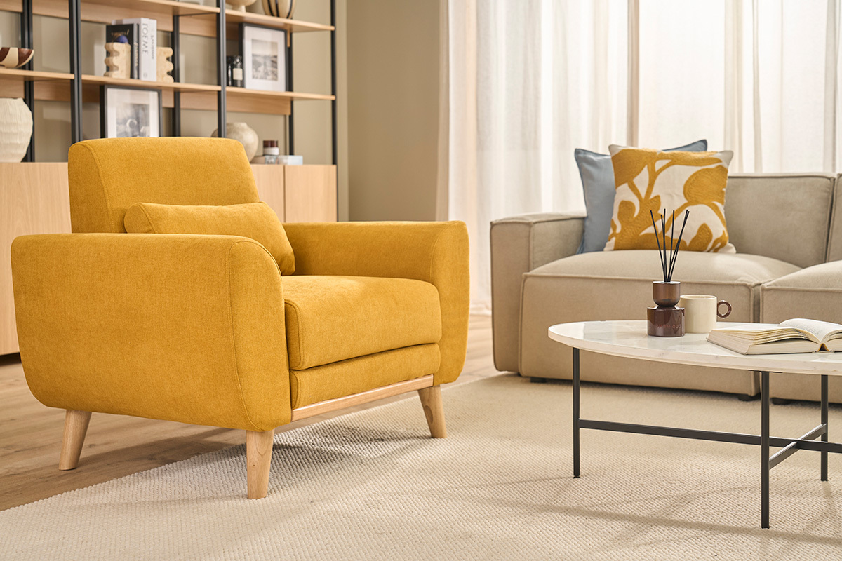 Design-Sessel Stoff Gelb und F��e Eiche EKTOR