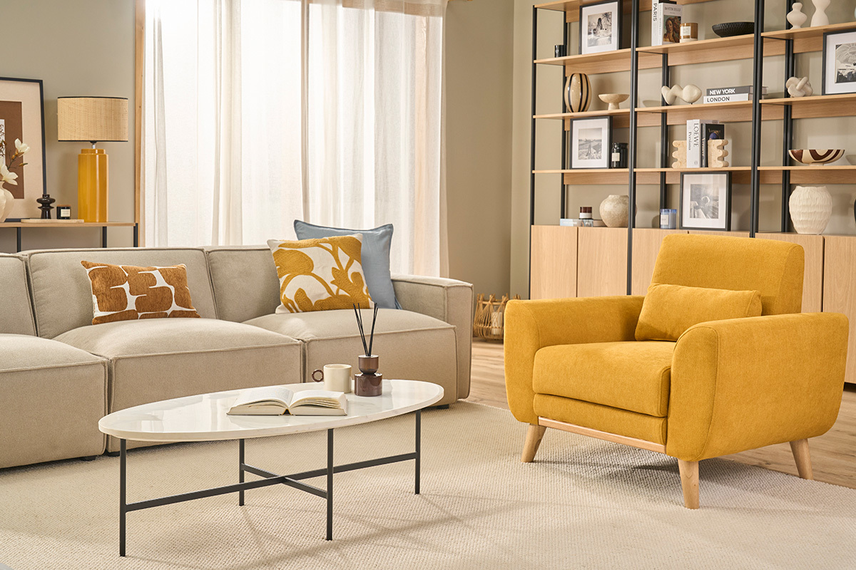 Design-Sessel Stoff Gelb und F��e Eiche EKTOR