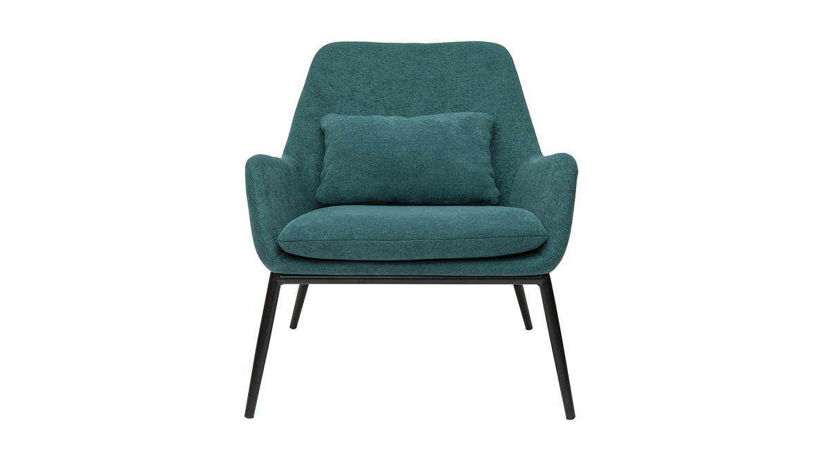 Design-Sessel Stoff mit Samteffekt in Entenblau und schwarzem Metall MAXINE