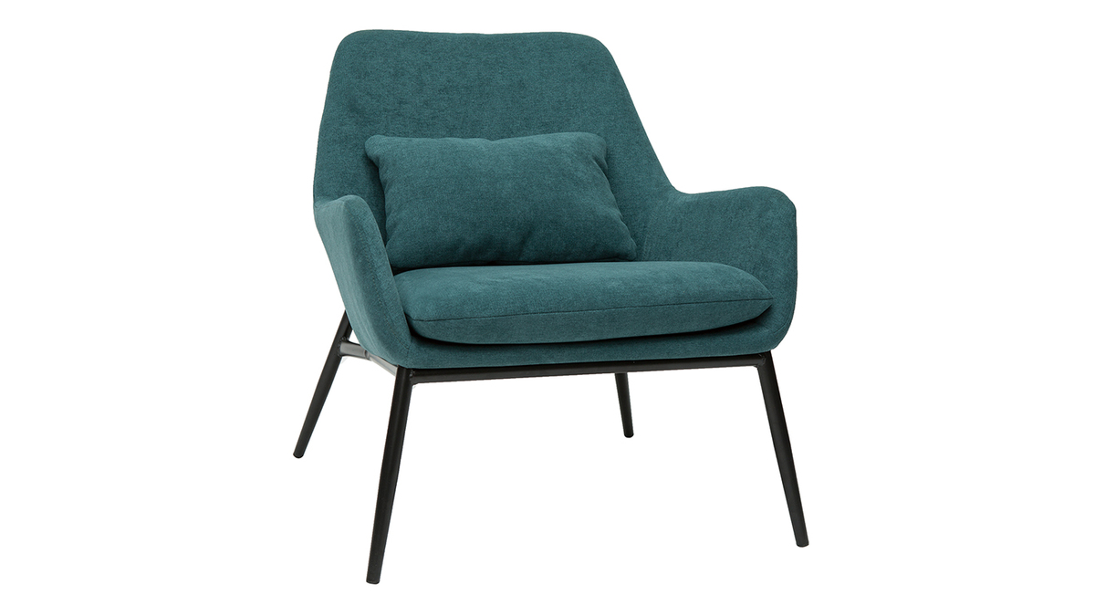 Design-Sessel Stoff mit Samteffekt in Entenblau und schwarzem Metall MAXINE