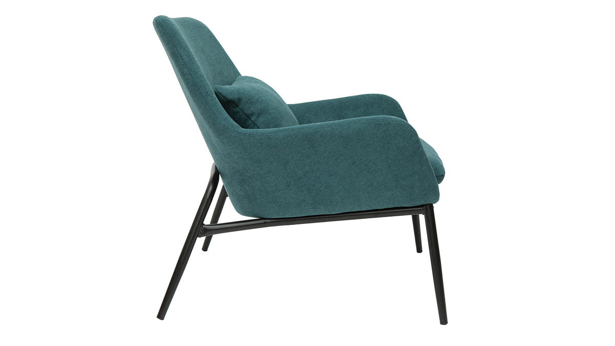 Design-Sessel Stoff mit Samteffekt in Entenblau und schwarzem Metall MAXINE
