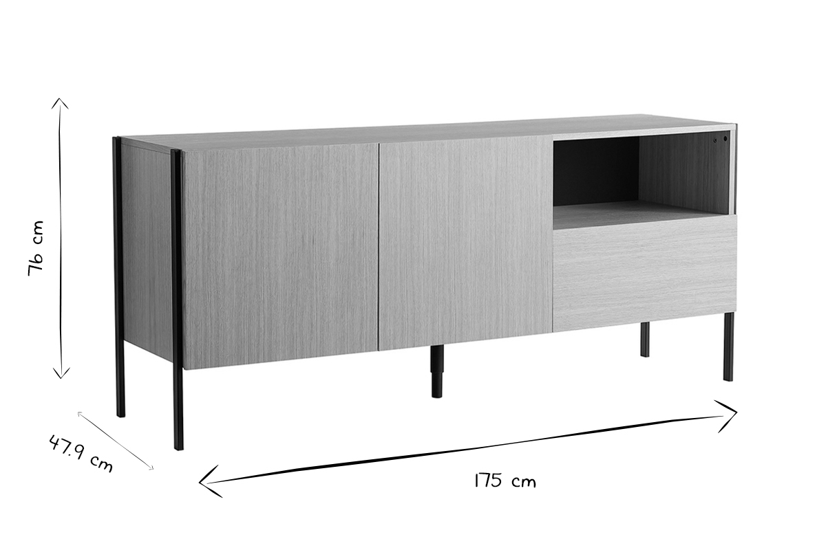 Design-Sideboard 2 Tren 1 Schublade Eiche und schwarzes Metall B175 cm HEDA