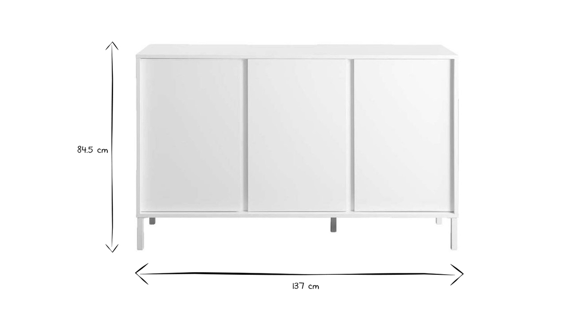 Design-Sideboard 3-trig wei lackiert mit weien Metallfen L137 cm MIKY