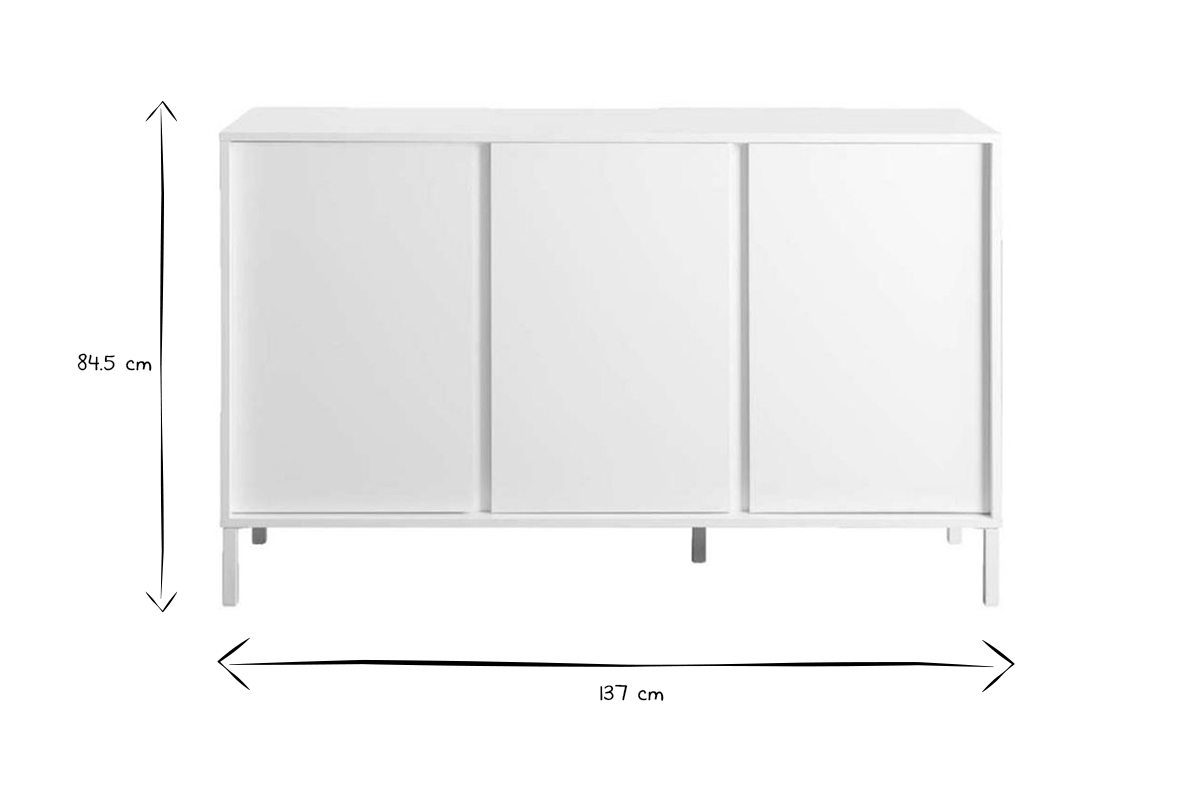 Design-Sideboard 3-trig wei lackiert mit weien Metallfen L137 cm MIKY