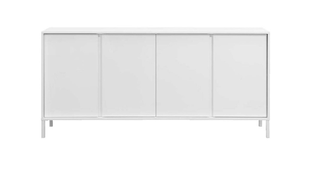 Design-Sideboard 4-türig weiß lackiert mit weißen Metallfüßen L180 cm MIKY