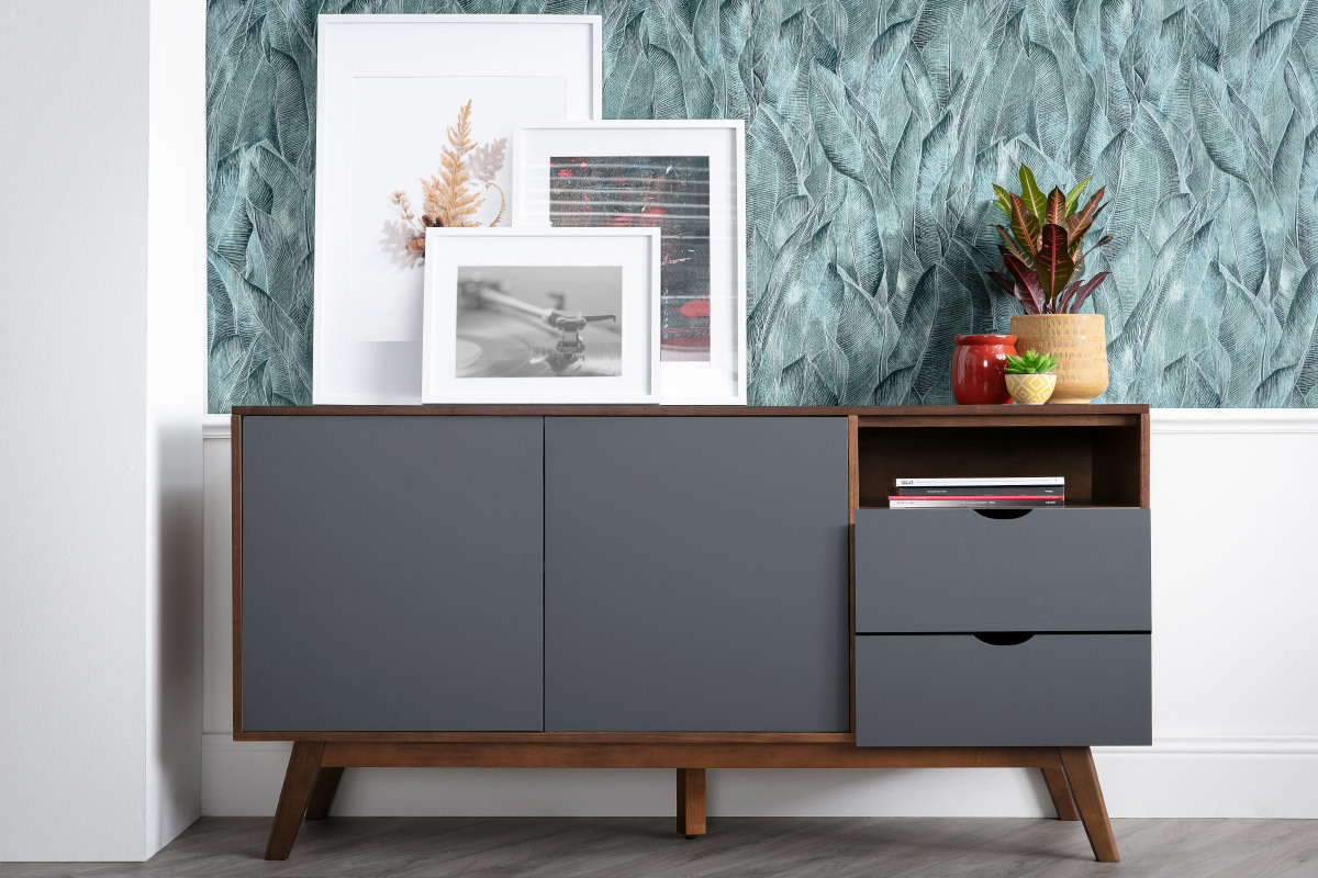 Design-Sideboard Anthrazitgrau und Nussbaum NEELA