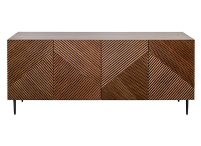 Design-Sideboard aus dunkler, massiver Eiche mit Gravur und schwarzem Metall, 4 Türen, B180 cm ARCHIPEL