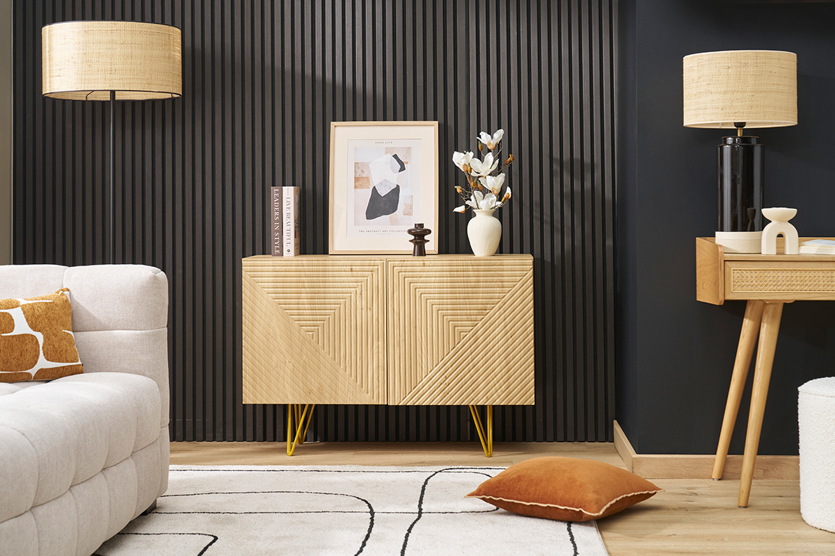 Design-Sideboard aus hellem Eichenholz-Finish und goldfarbenem Metall mit 2 Tren B107 cm OZEN