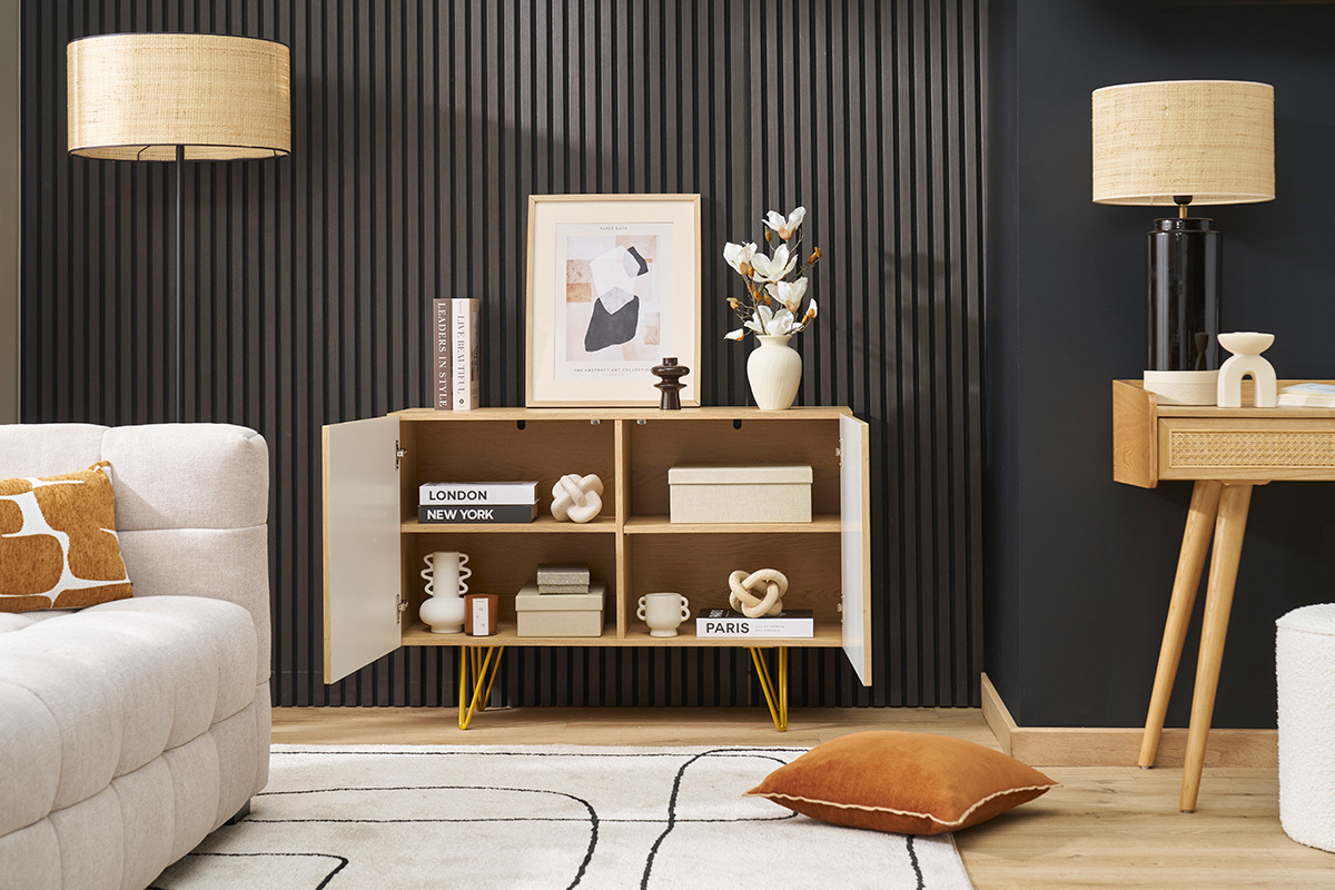 Design-Sideboard aus hellem Eichenholz-Finish und goldfarbenem Metall mit 2 Tren B107 cm OZEN