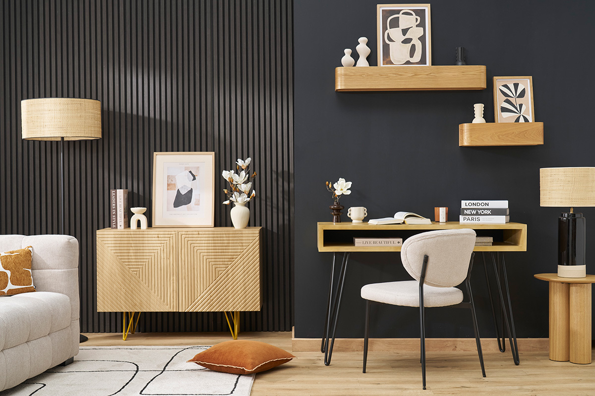 Design-Sideboard aus hellem Eichenholz-Finish und goldfarbenem Metall mit 2 Tren B107 cm OZEN