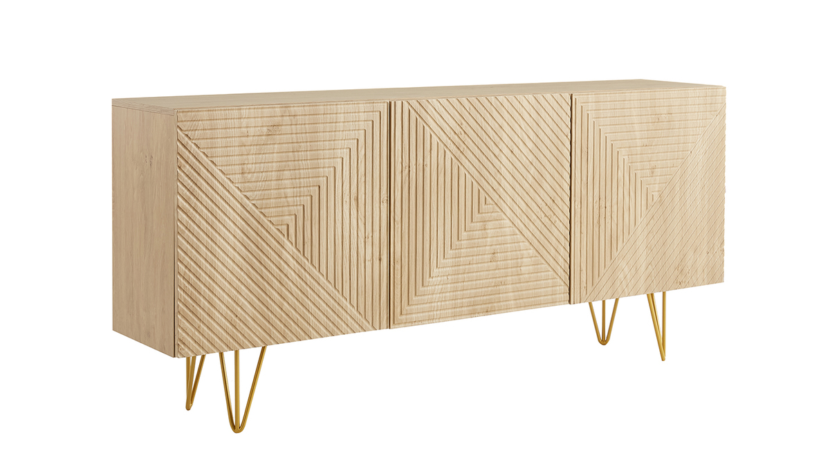 Design-Sideboard aus hellem Eichenholz-Finish und goldfarbenem Metall mit 3 Tren B160 cm OZEN
