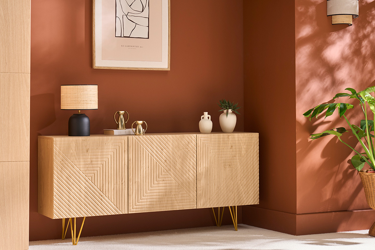 Design-Sideboard aus hellem Eichenholz-Finish und goldfarbenem Metall mit 3 Tren B160 cm OZEN
