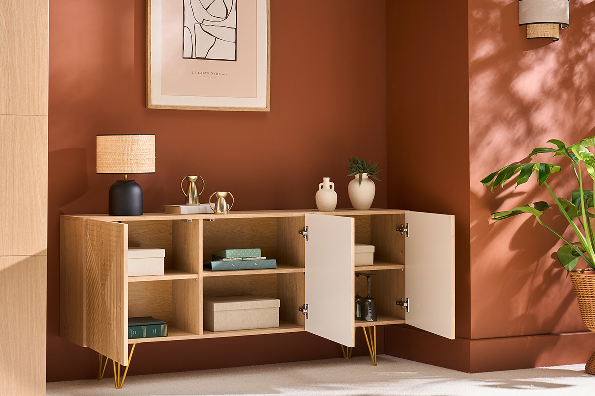 Design-Sideboard aus hellem Eichenholz-Finish und goldfarbenem Metall mit 3 Tren B160 cm OZEN
