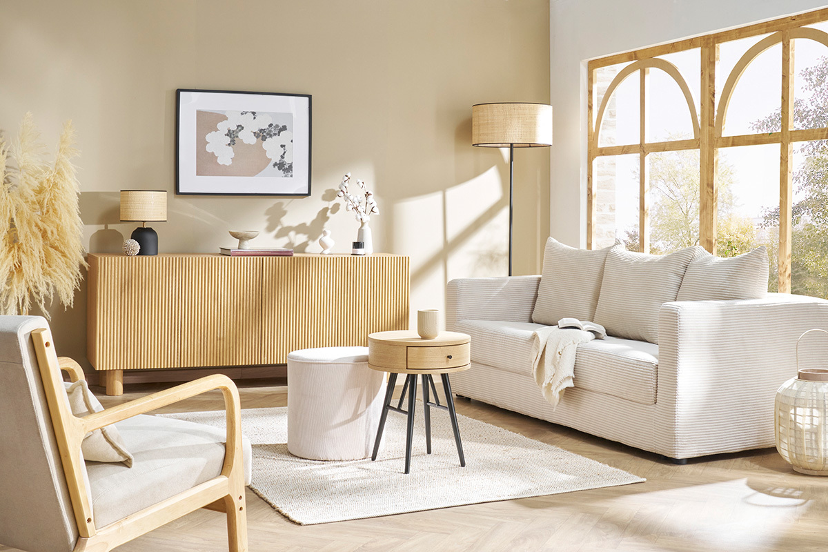 Design-Sideboard aus hellem, massiver Eiche mit Gravur 4-trig B180 cm GOSHI