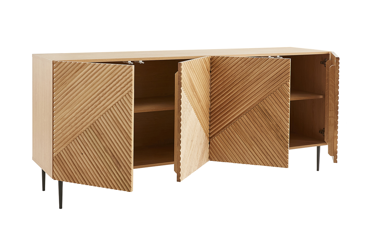 Design-Sideboard aus hellem, massiver Eiche mit Gravur und schwarzem Metall, 4 Tren, B180 cm ARCHIPEL