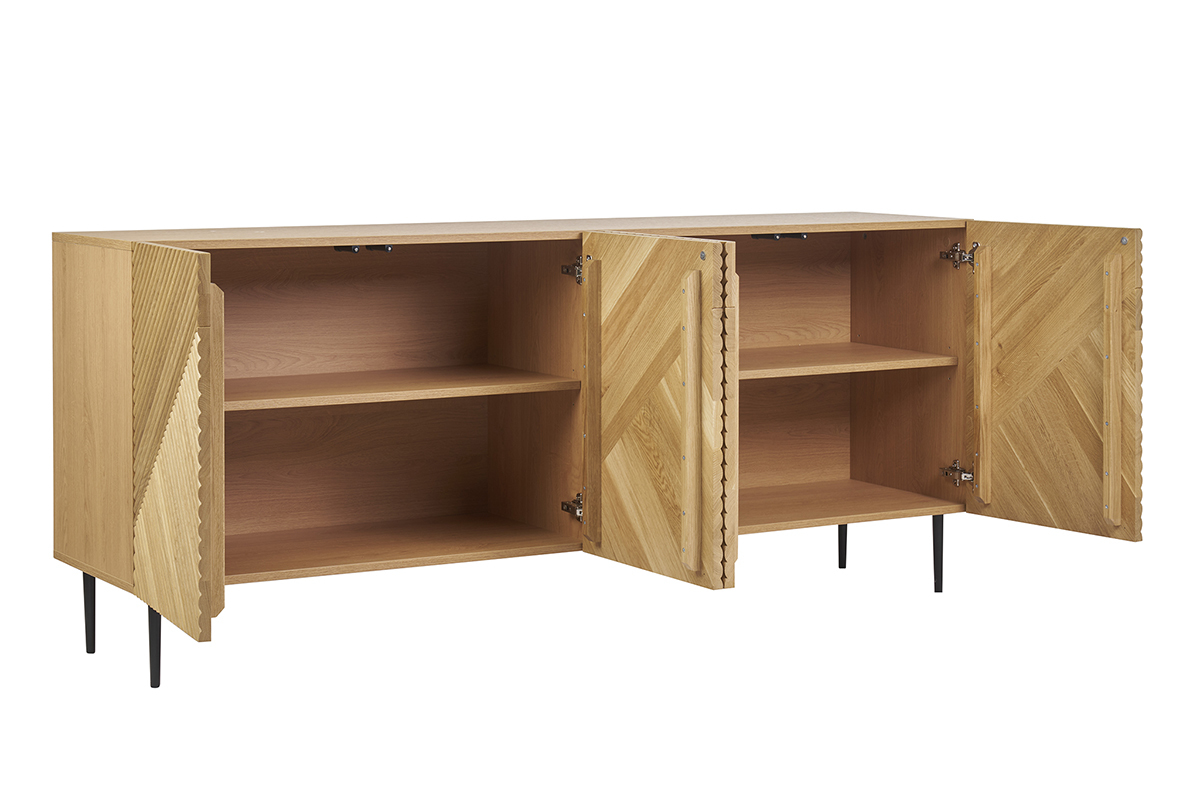 Design-Sideboard aus hellem, massiver Eiche mit Gravur und schwarzem Metall, 4 Tren, B180 cm ARCHIPEL