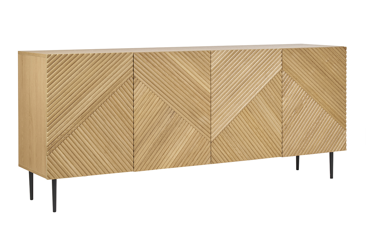 Design-Sideboard aus hellem, massiver Eiche mit Gravur und schwarzem Metall, 4 Tren, B180 cm ARCHIPEL