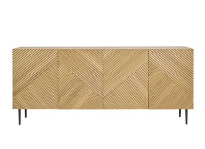 Design-Sideboard aus hellem, massiver Eiche mit Gravur und schwarzem Metall, 4 Türen, B180 cm ARCHIPEL