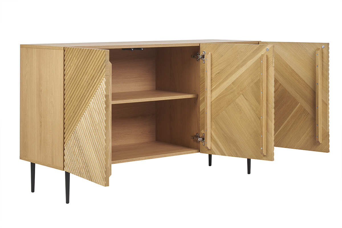 Design-Sideboard aus heller, massiver Eiche mit Gravur und schwarzem Metall, 3 Tren, B135 cm ARCHIPEL