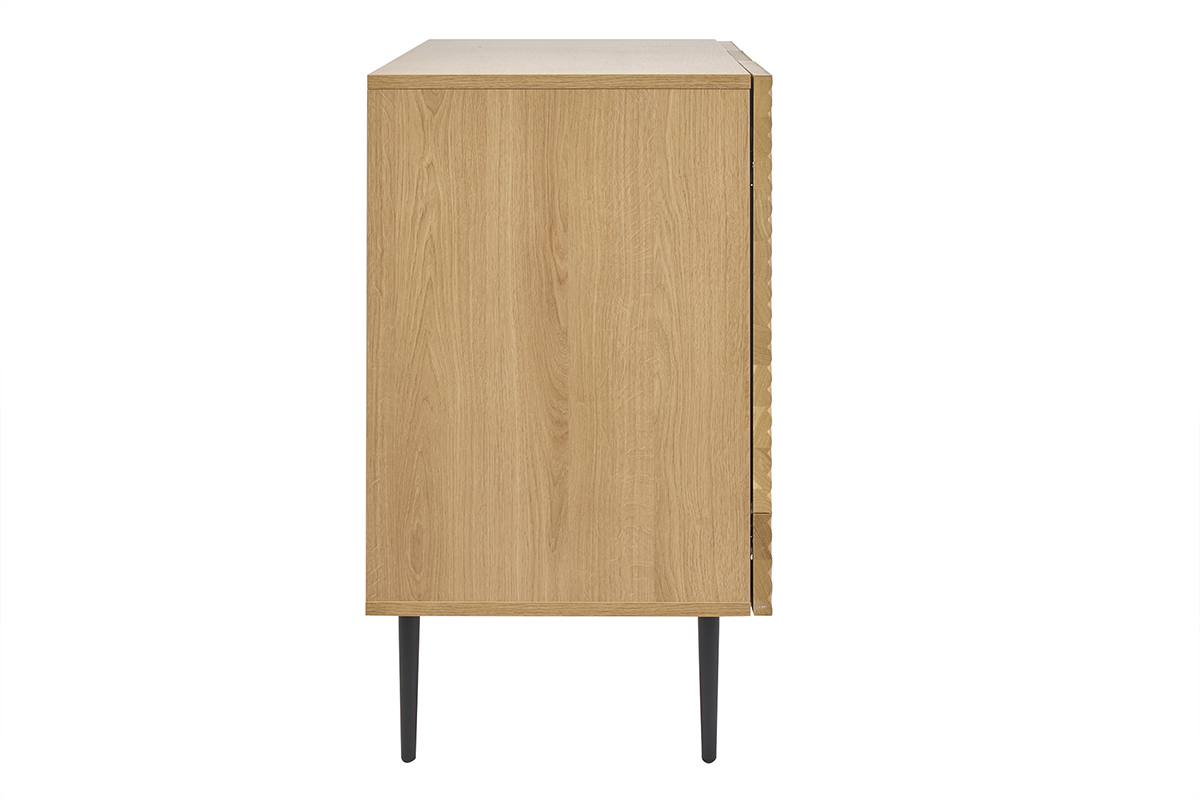 Design-Sideboard aus heller, massiver Eiche mit Gravur und schwarzem Metall, 3 Tren, B135 cm ARCHIPEL