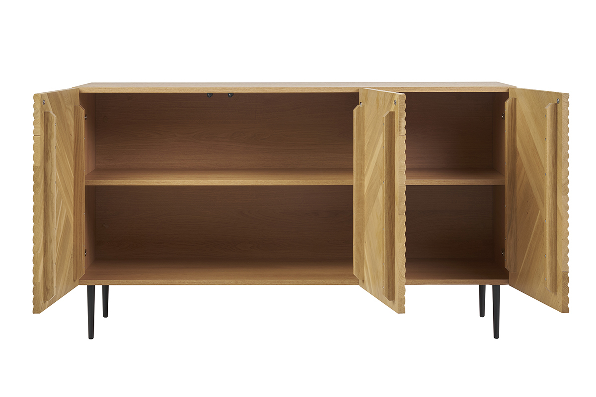 Design-Sideboard aus heller, massiver Eiche mit Gravur und schwarzem Metall, 3 Tren, B135 cm ARCHIPEL