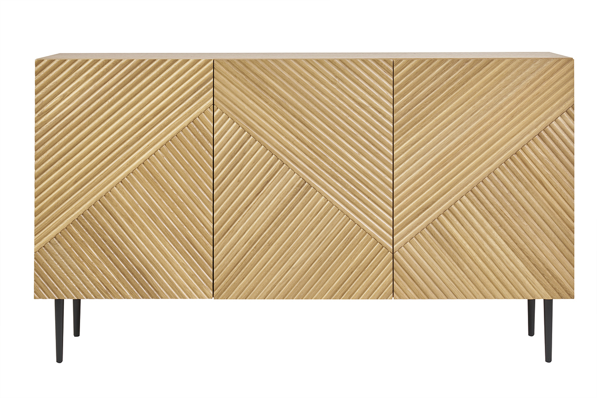 Design-Sideboard aus heller, massiver Eiche mit Gravur und schwarzem Metall, 3 Tren, B135 cm ARCHIPEL