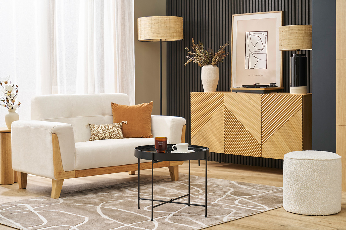 Design-Sideboard aus heller, massiver Eiche mit Gravur und schwarzem Metall, 3 Tren, B135 cm ARCHIPEL