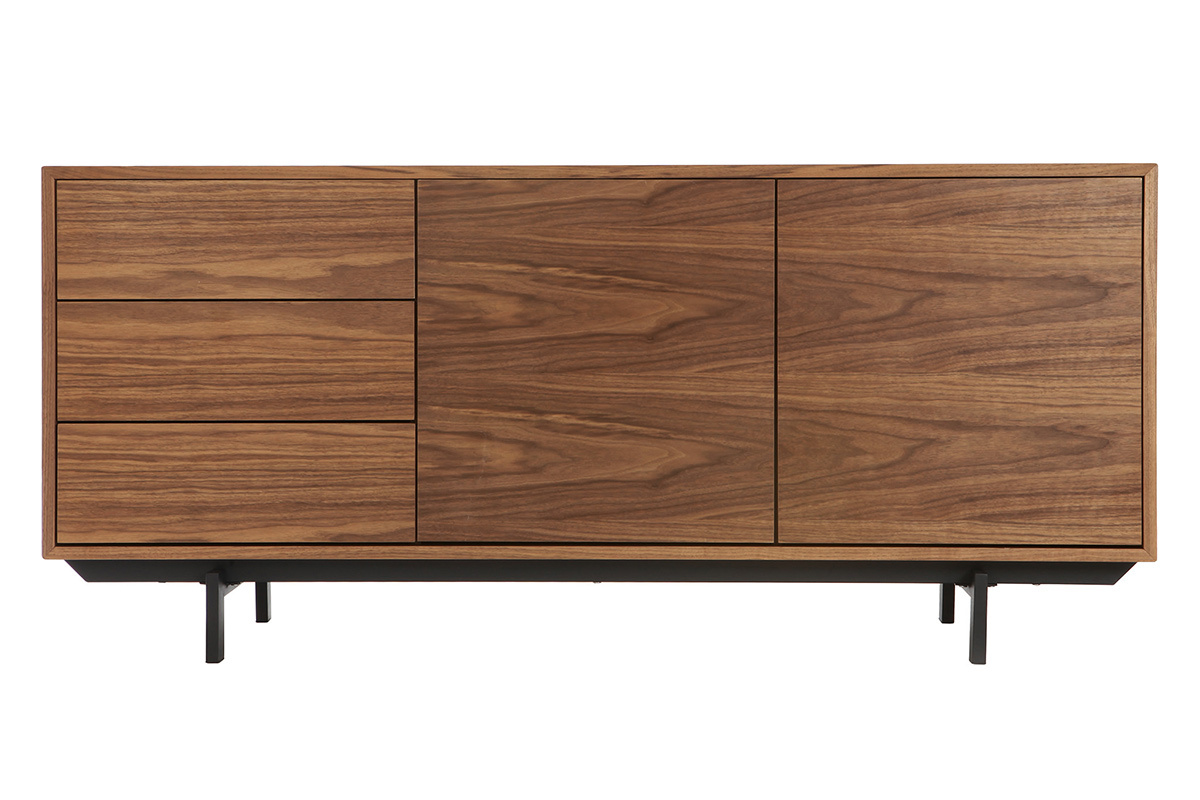 Vintage-Buffet aus dunklem Holz mit 2 Tren und 3 Schubladen auf Metallfen, Frontansicht.