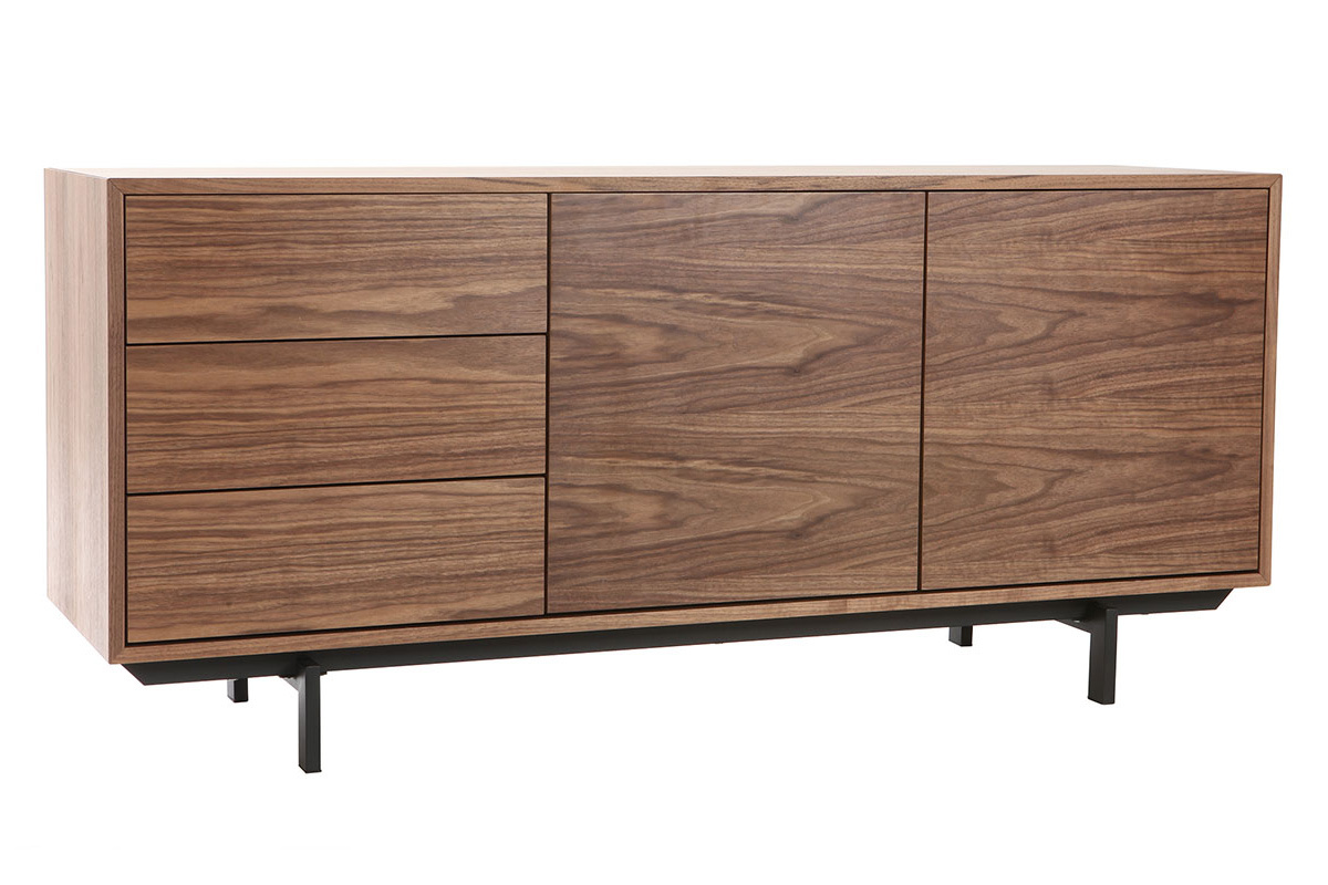 Vintage Buffet aus dunklem Nussbaumholz mit 2 Tren und 3 Schubladen, Ansicht von 3/4.