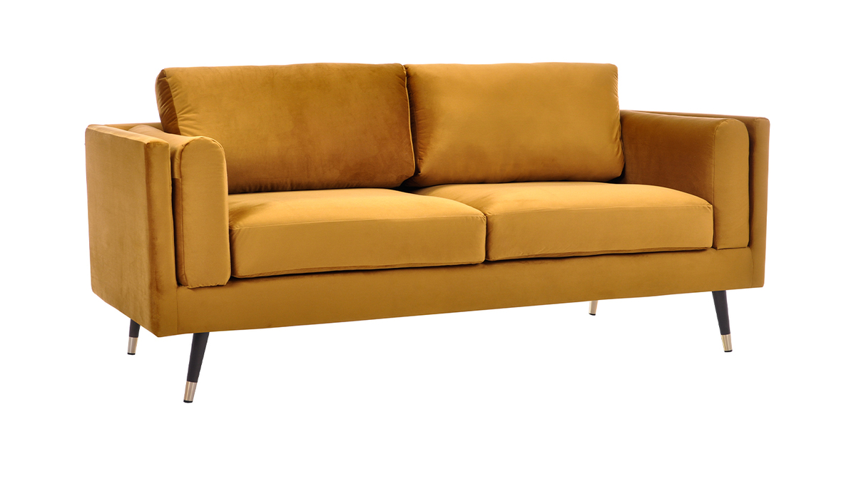 Design-Sofa 2/3-Sitzer in gelben Samtstoff, dunkles Holz und goldfarbenes Metall STING