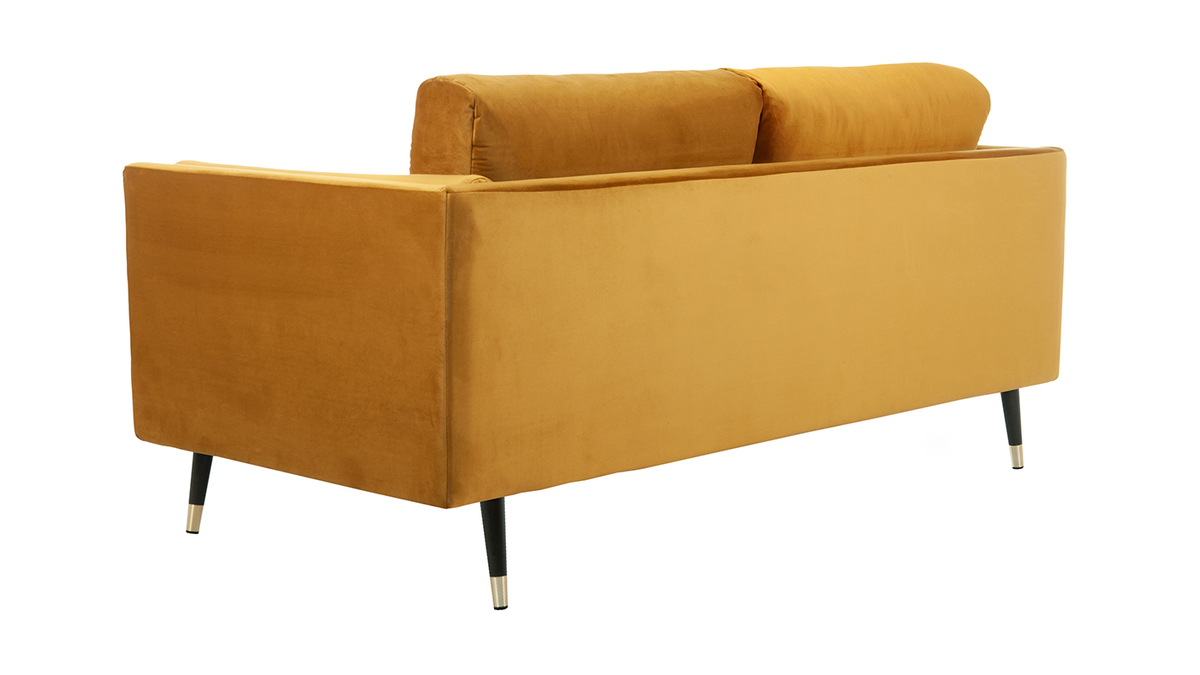 Design-Sofa 2/3-Sitzer in gelben Samtstoff, dunkles Holz und goldfarbenes Metall STING