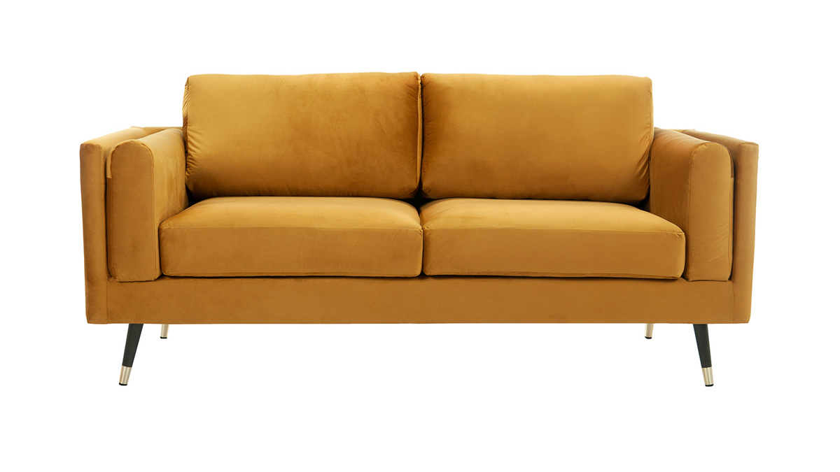 Design-Sofa 2/3-Sitzer in gelben Samtstoff, dunkles Holz und goldfarbenes Metall STING