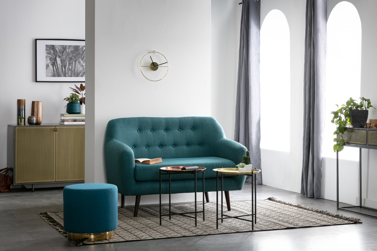 Design-Sofa 2 Pltze Blaugrn Beine Nussbaum OLAF