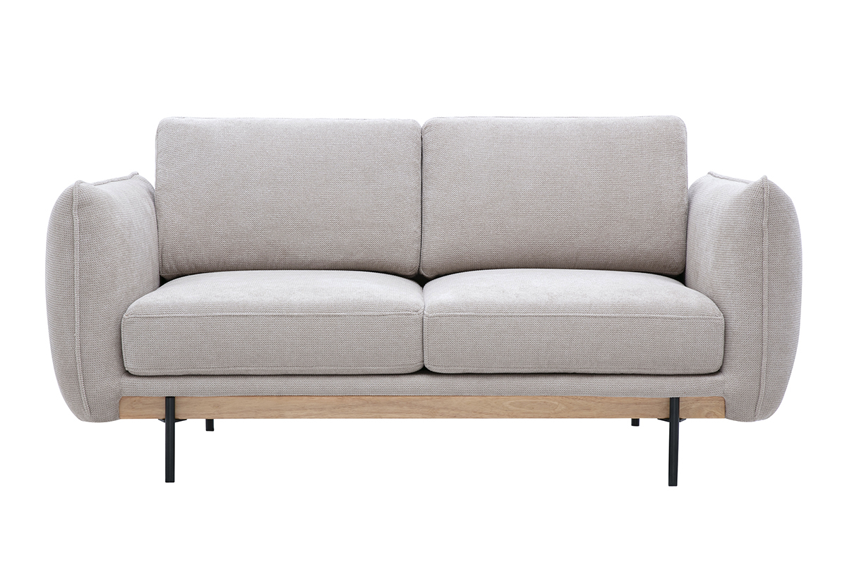 Designer-Zweisitzer-Sofa aus beigefarbenem Chenille-Stoff mit schwarzen Metallf��en, Vorderansicht