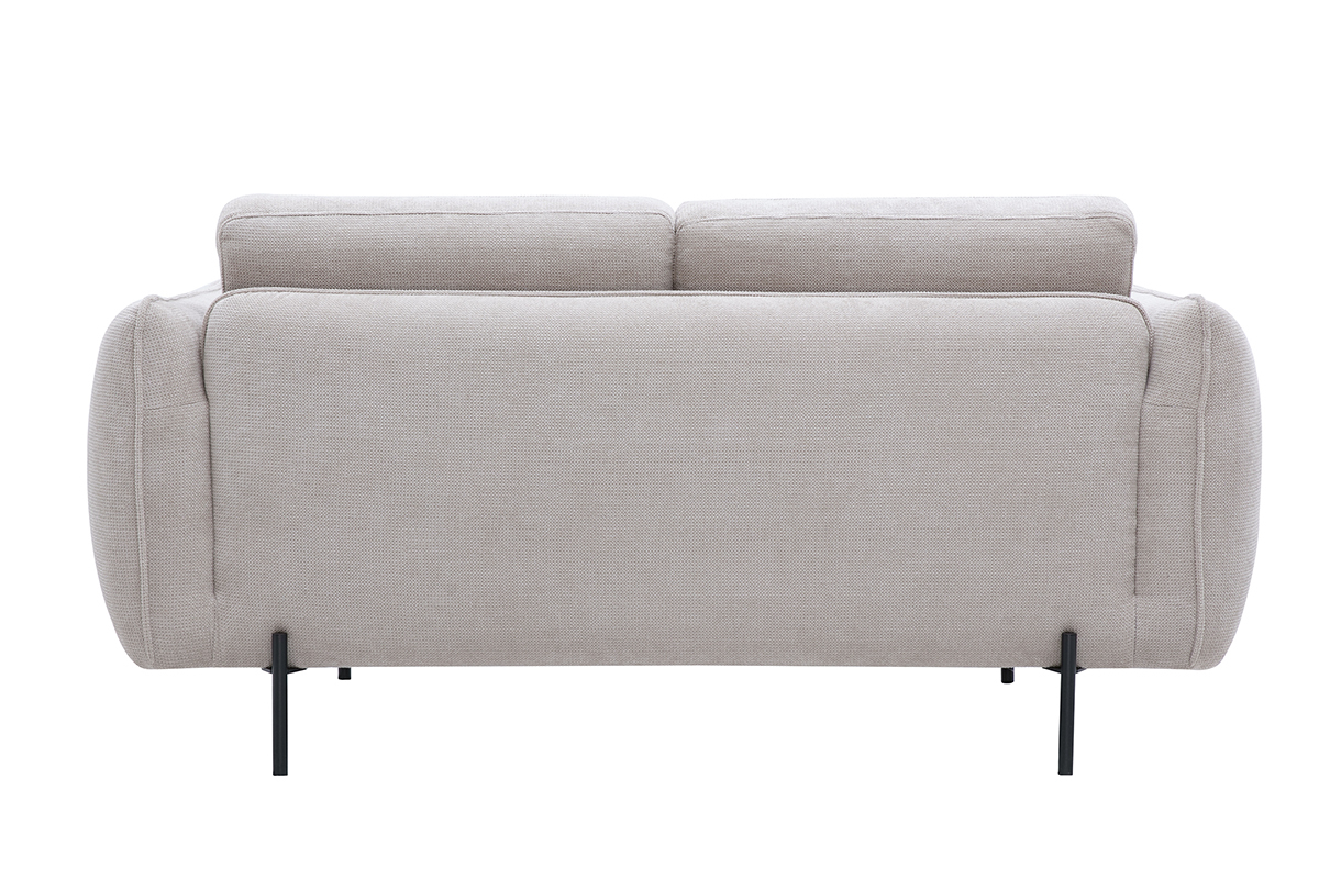 Designersofa mit 2 Sitzpl�tzen aus beigem Chenille-Stoff, R�ckansicht mit schwarzen Metallf��en