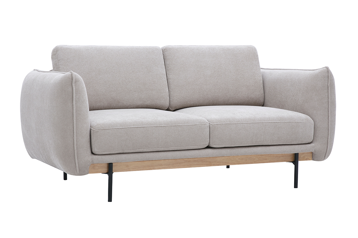 Designer-Zweisitzer-Sofa aus beigem Chenille-Stoff und schwarzem Metall, Dreiviertelansicht.