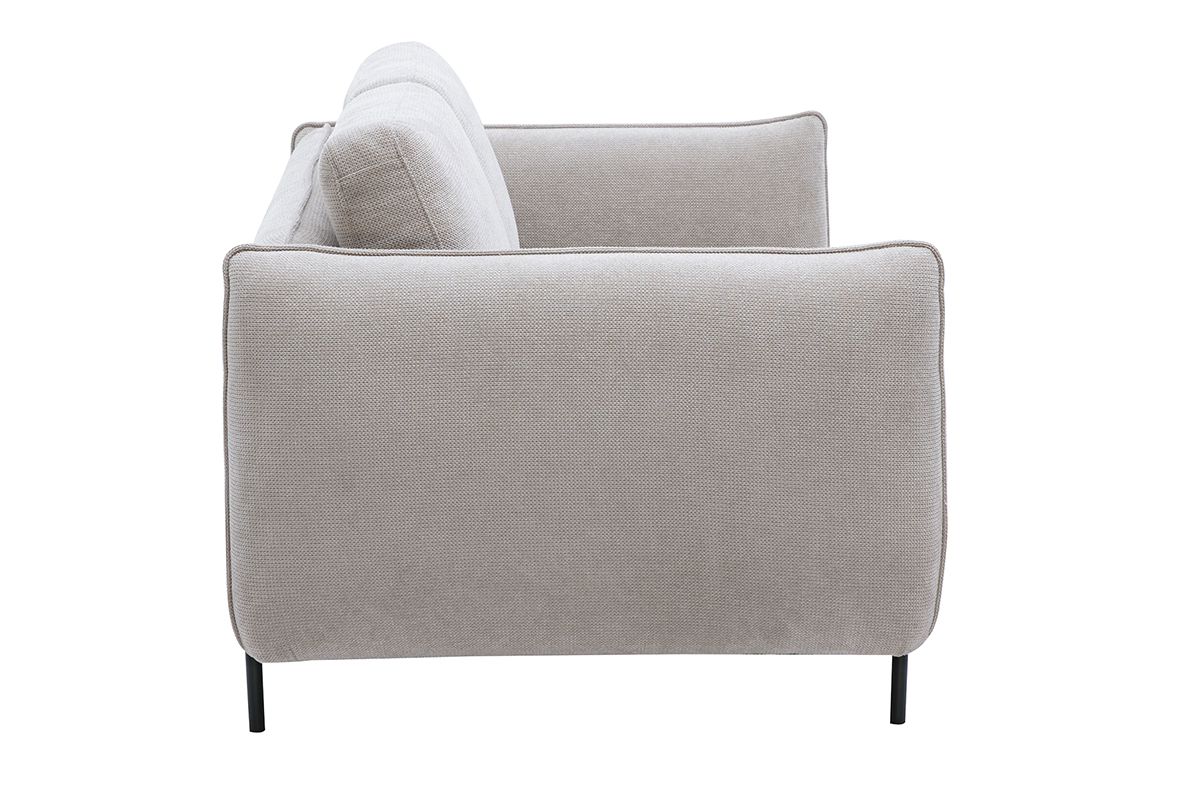 2-Sitzer-Designsofa aus beigem Chenille-Stoff in Seitenansicht mit schwarzen Metallf��en.