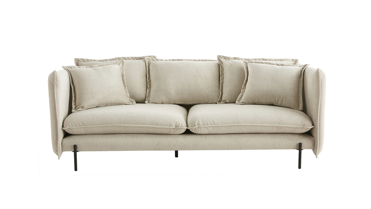 Design-Sofa 3/4-Sitzer in beigem Samtstoff und schwarzem Metall ALMAR