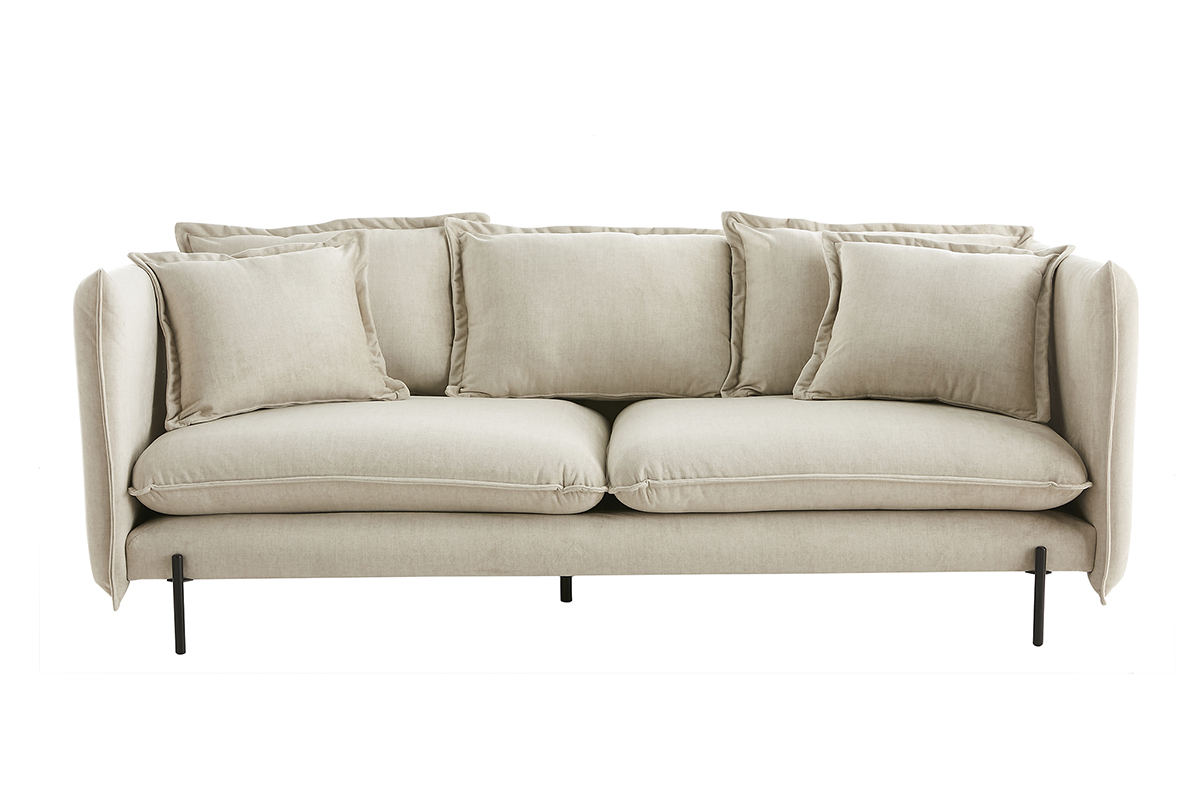 Design-Sofa 3/4-Sitzer in beigem Samtstoff und schwarzem Metall ALMAR