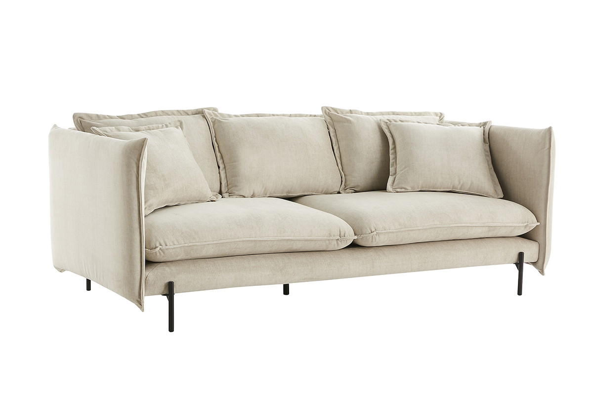 Design-Sofa 3/4-Sitzer in beigem Samtstoff und schwarzem Metall ALMAR