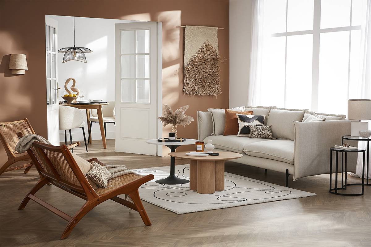 Design-Sofa 3/4-Sitzer in beigem Samtstoff und schwarzem Metall ALMAR