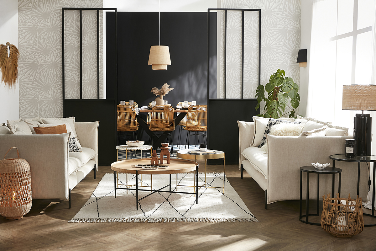 Design-Sofa 3/4-Sitzer in beigem Samtstoff und schwarzem Metall ALMAR