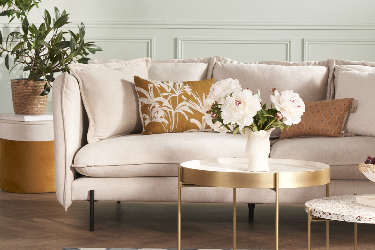 Design-Sofa 3/4-Sitzer in beigem Samtstoff und schwarzem Metall ALMAR